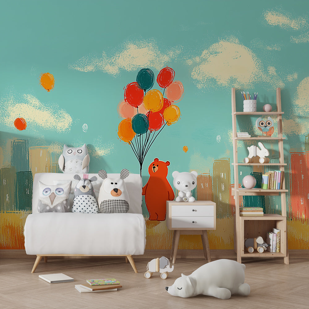 Whimsical bear and balloon wallpaper creating magical atmosphere in kids bedroom