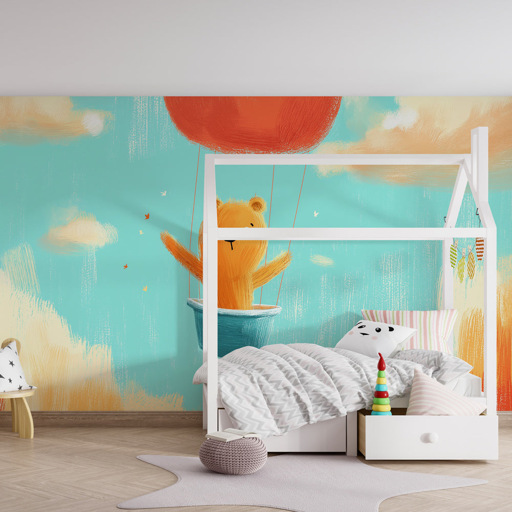 Flying bear mural wallpaper transforming toddler bedroom into dreamy adventure space