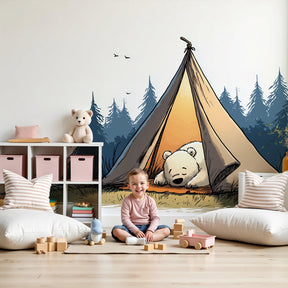 Bear camping mural wallpaper in cozy nursery with white teddy sleeping in forest tent by Kids-Mundo