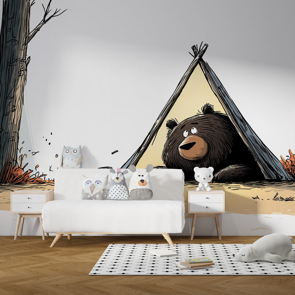 Forest camping wallpaper with bear character in modern children's playroom setting