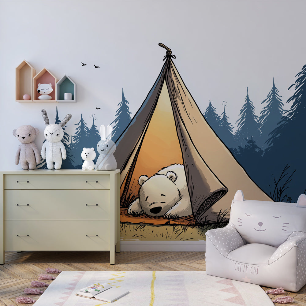 Woodland themed mural wallpaper with camping bear design for peaceful children's room by Kids-Mundo