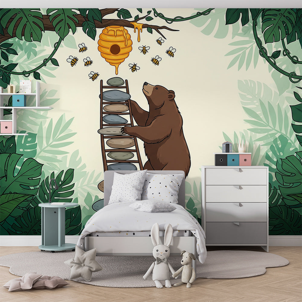 Kids-Mundo climbing bear jungle mural covering a wall behind a toddler's bed