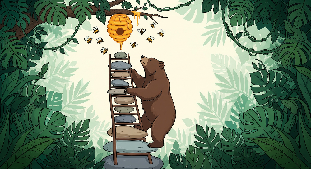 Kids-Mundo flat artwork of a curious bear climbing stones towards a jungle beehive
