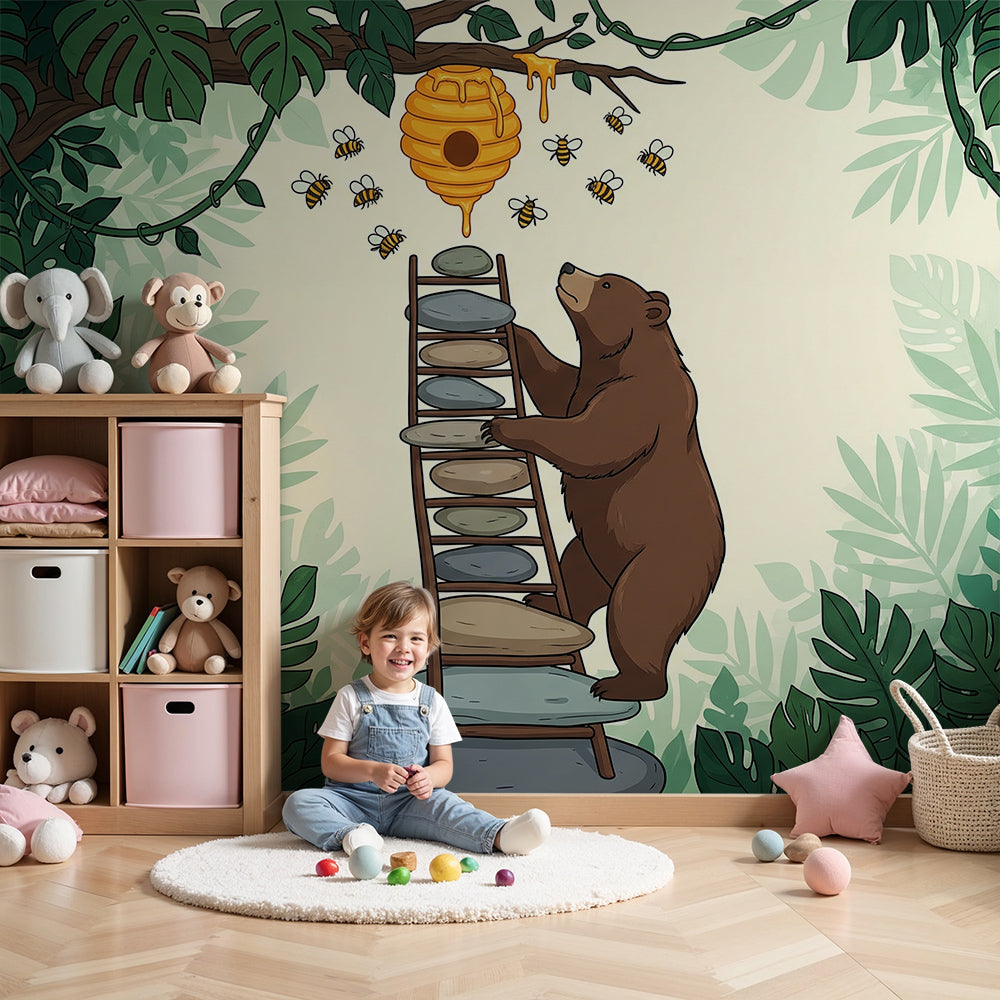 Kids-Mundo bear climbing for honey wall mural styled in a child's jungle-themed bedroom