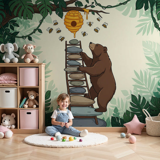 Kids-Mundo bear climbing for honey wall mural styled in a child's jungle-themed bedroom