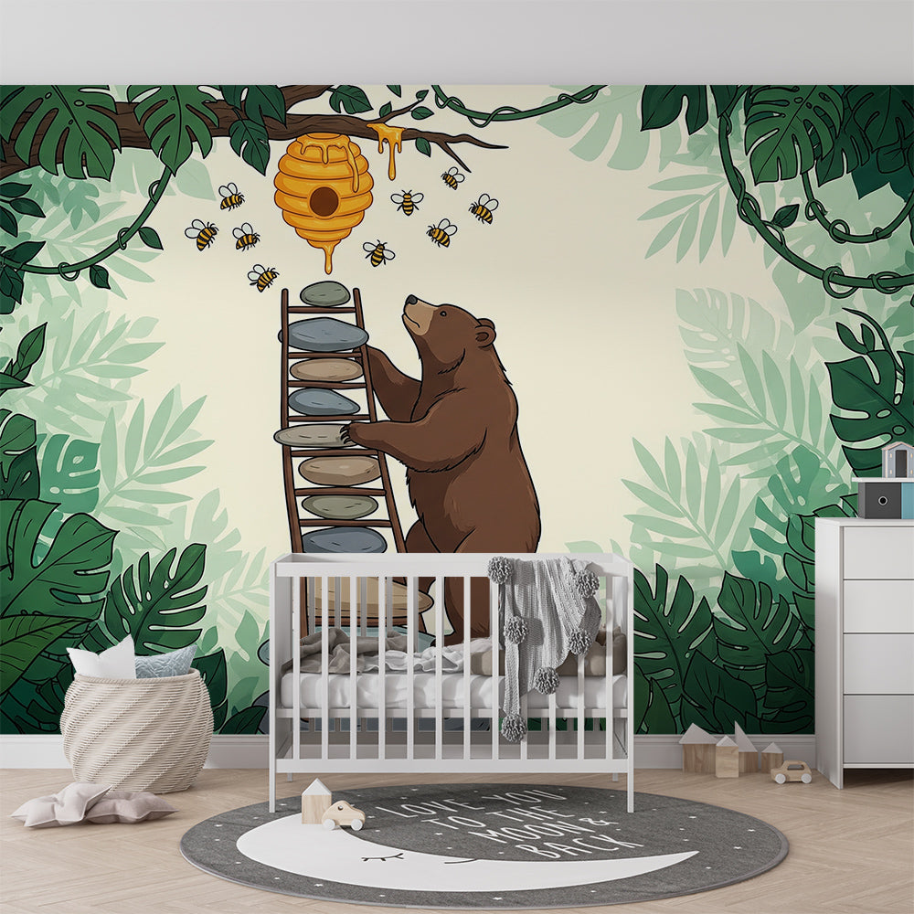 Kids-Mundo bear and beehive wall mural set above a reading nook in a playroom