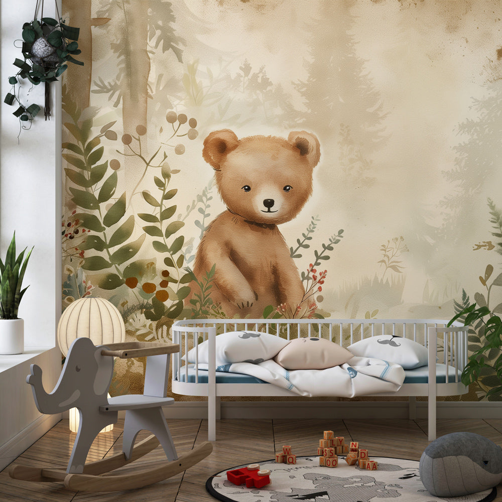 Kids-Mundo bear and forest wall mural in a cosy, earthy-toned kids bedroom.
