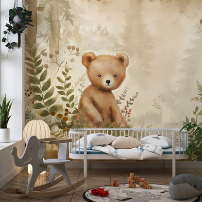 Kids-Mundo bear and forest wall mural in a cosy, earthy-toned kids bedroom.