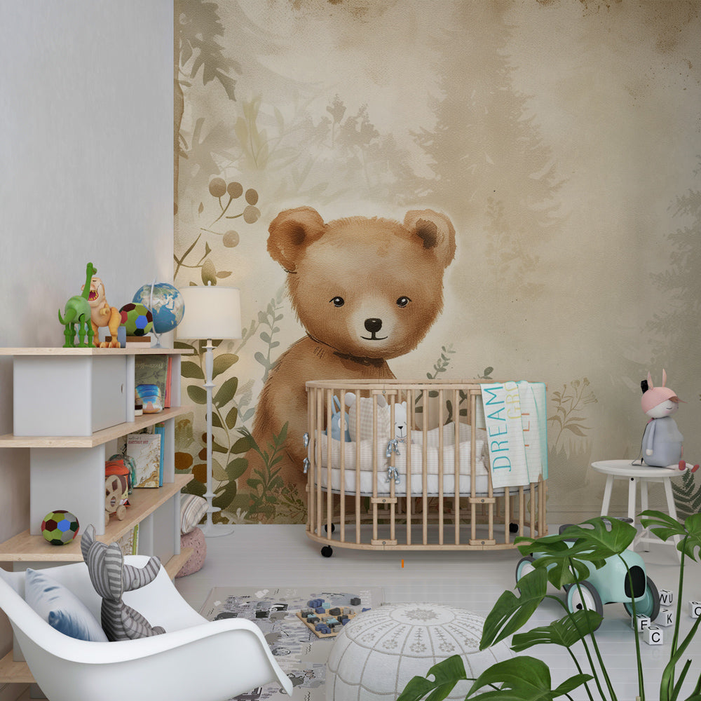Kids-Mundo woodland bear wall mural bringing gentle nature to a children's playroom.