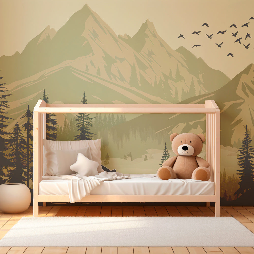 Kids-Mundo bear and cub forest wall mural bringing woodland calm to a playroom.