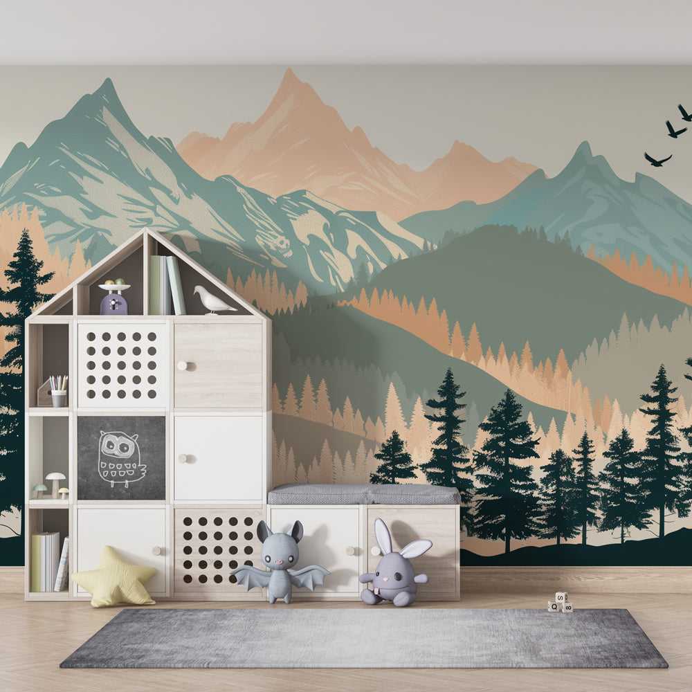 Kids-Mundo mountain forest wall mural with a bear and cub in a kids' bedroom