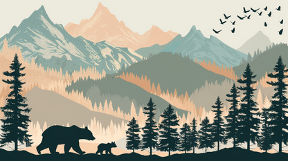 Kids-Mundo bear, cub and mountain forest flat artwork for made-to-measure murals