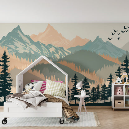 Kids-Mundo bear and forest wall mural bringing adventure to a playroom wall