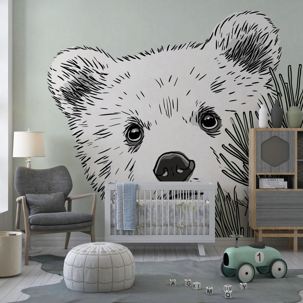 Curious bear cub wallpaper creating adventure-themed children's bedroom with natural elements