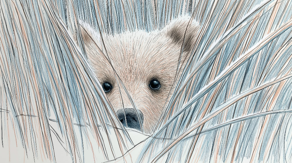 Detailed bear cub hidden in grass mural wallpaper design pattern by Kids-Mundo