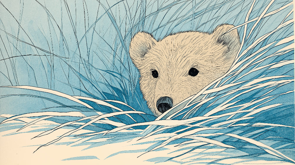 Detailed bear cub in tall grass mural wallpaper design pattern by Kids-Mundo