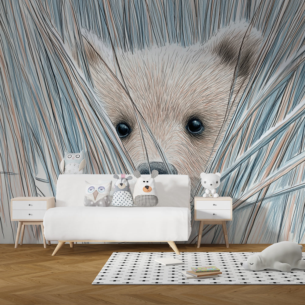 Woodland bear mural wallpaper paired with light wood furniture in cozy nursery setting