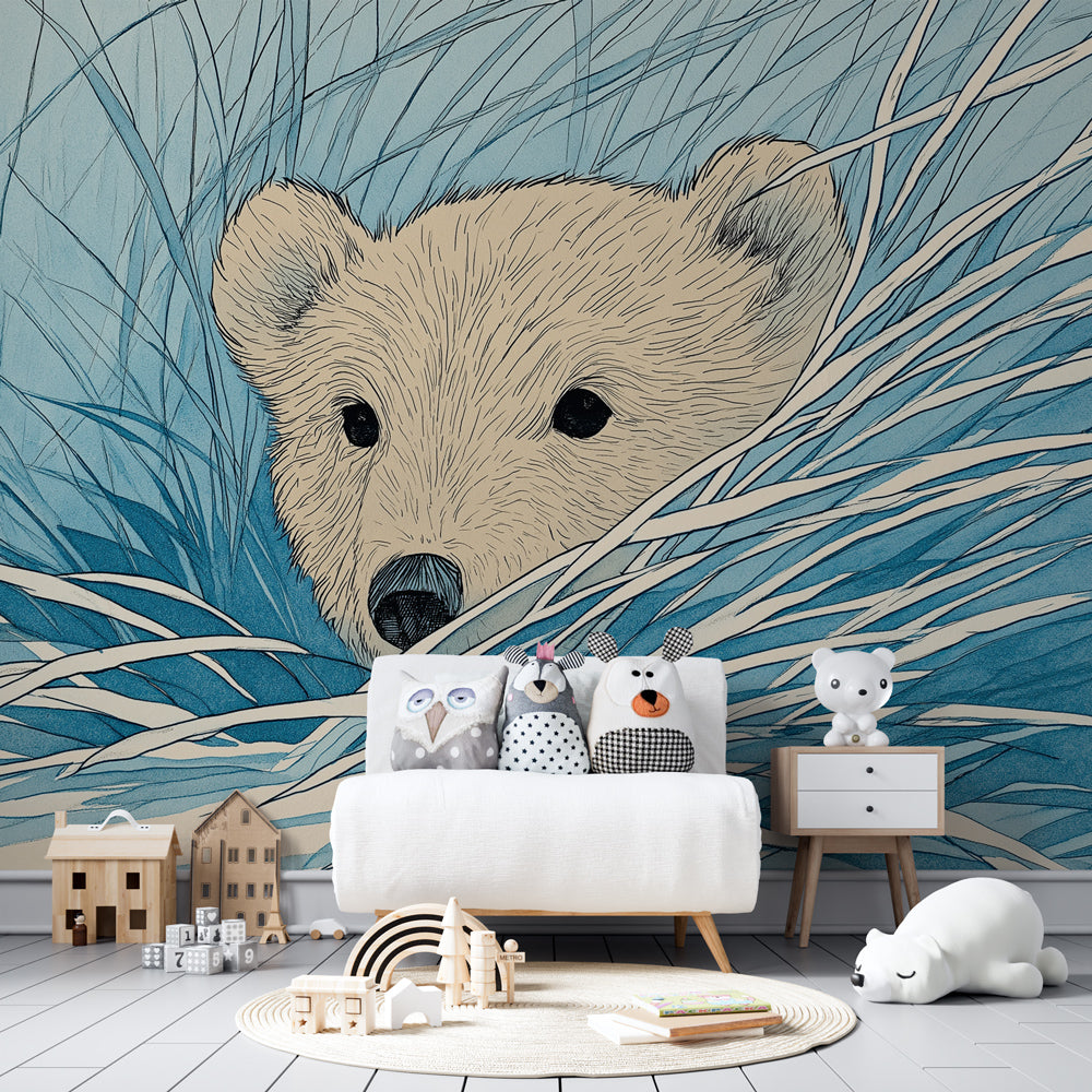Woodland bear mural wallpaper with natural blue tones for children's room by Kids-Mundo
