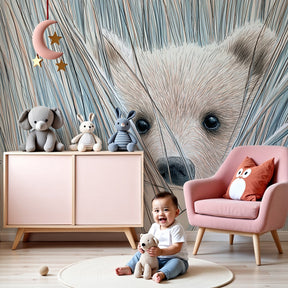 Bear cub mural wallpaper creating peaceful nursery decor with natural woodland theme by Kids-Mundo