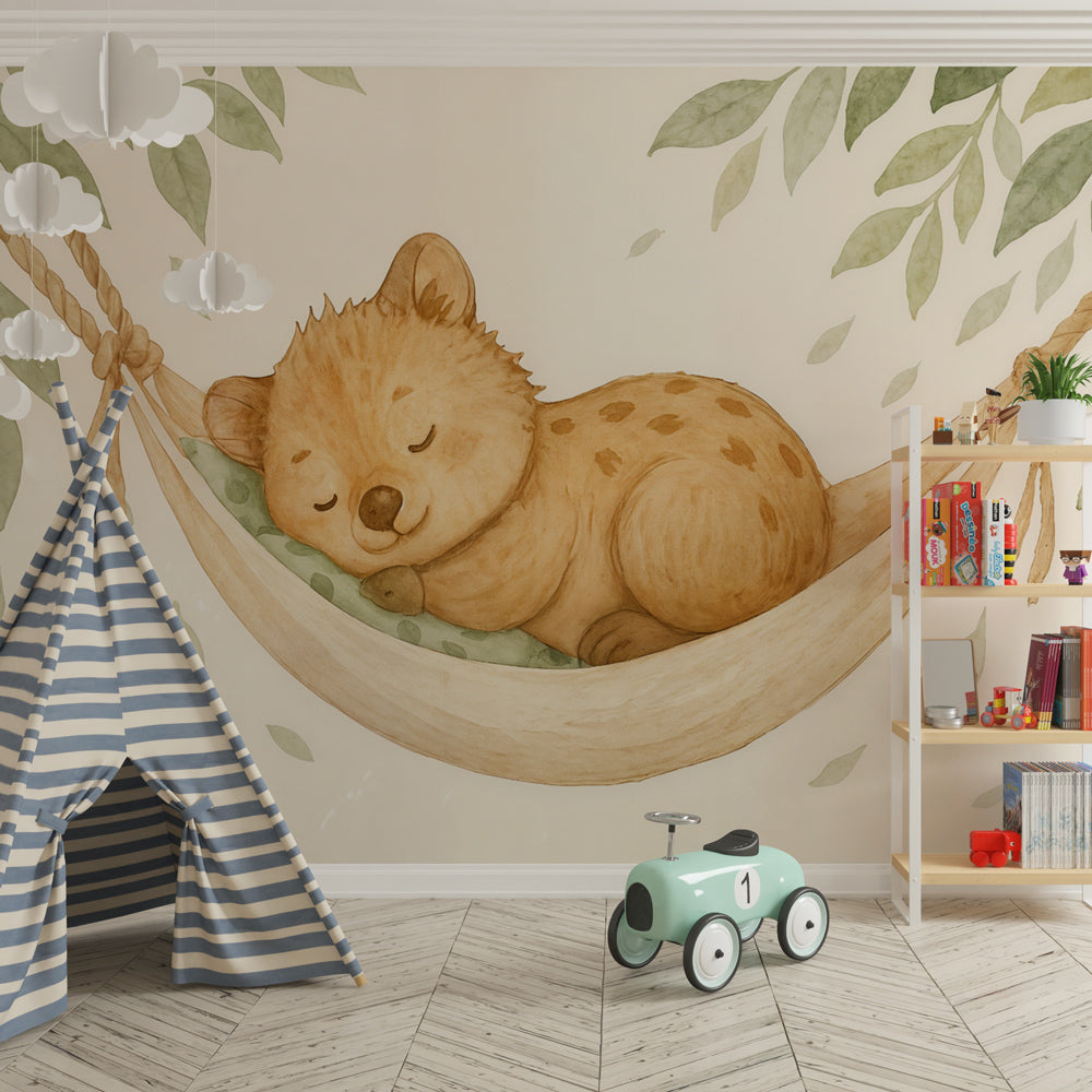 Woodland bear mural wallpaper creating peaceful atmosphere in children's bedroom decor