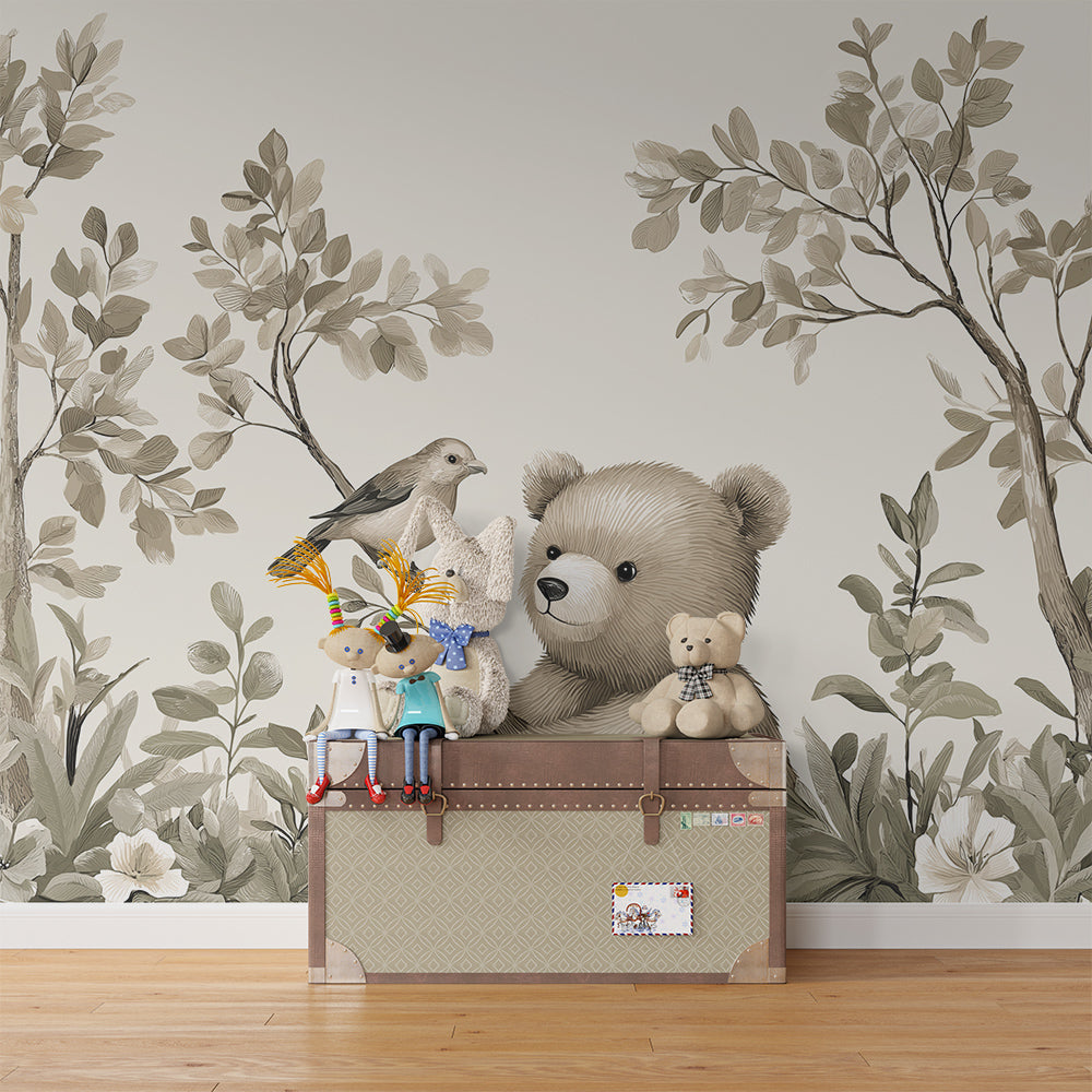 Kids-Mundo woodland bear and bird wall mural installed in a calm kids bedroom