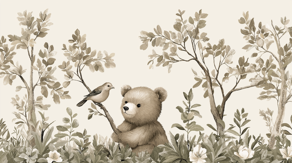 Kids-Mundo flat artwork of the sepia bear cub and bird woodland wall mural design