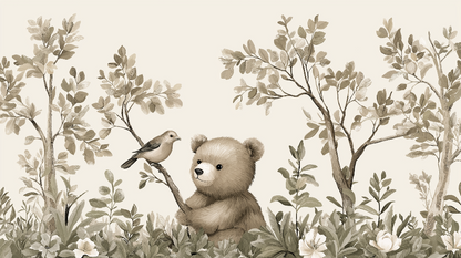 Kids-Mundo flat artwork of the sepia bear cub and bird woodland wall mural design