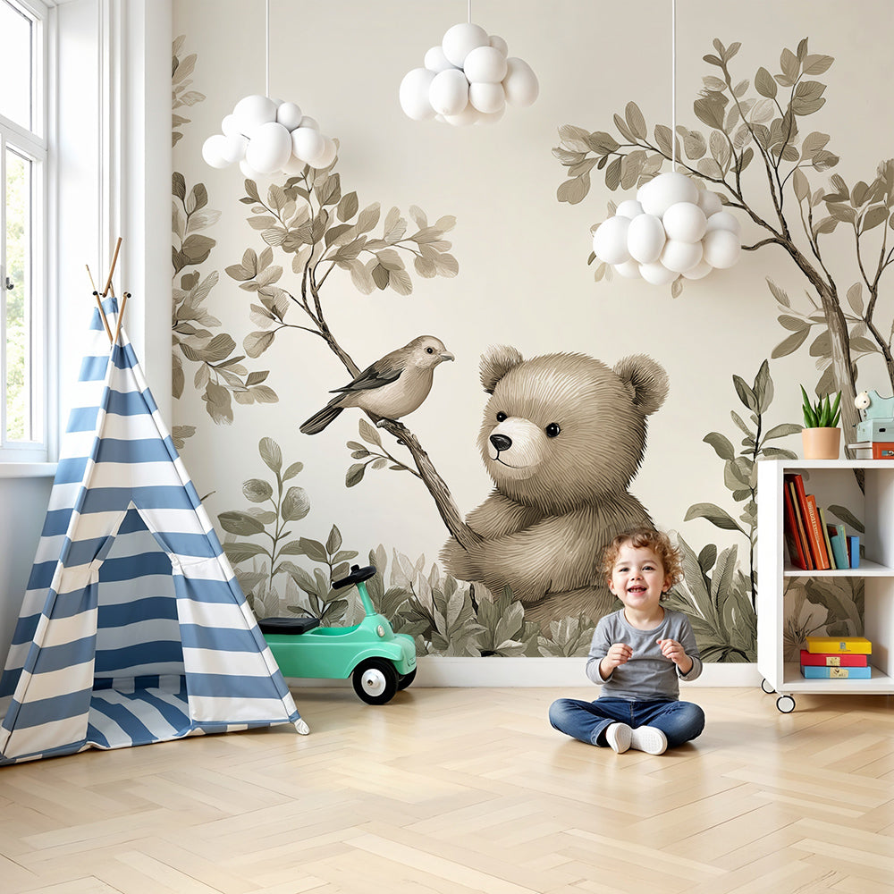 Kids-Mundo bear cub and bird wall mural made to measure for a soft sepia nursery