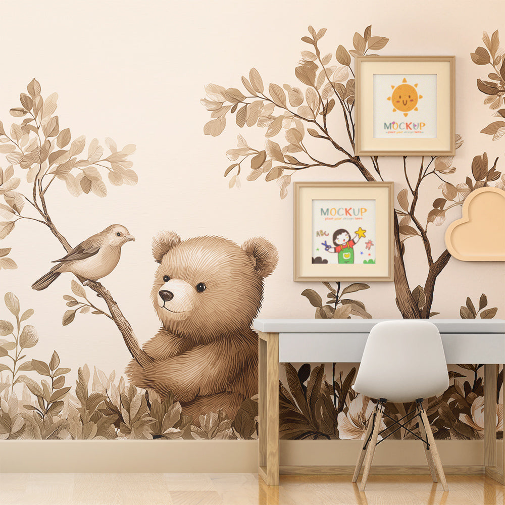 Kids-Mundo sepia bear cub and bird mural bringing a gentle woodland feel to a playroom wall