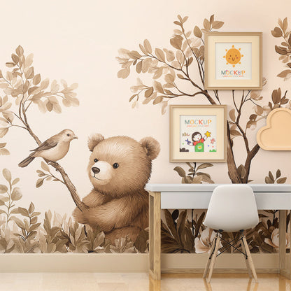 Kids-Mundo sepia bear cub and bird mural bringing a gentle woodland feel to a playroom wall
