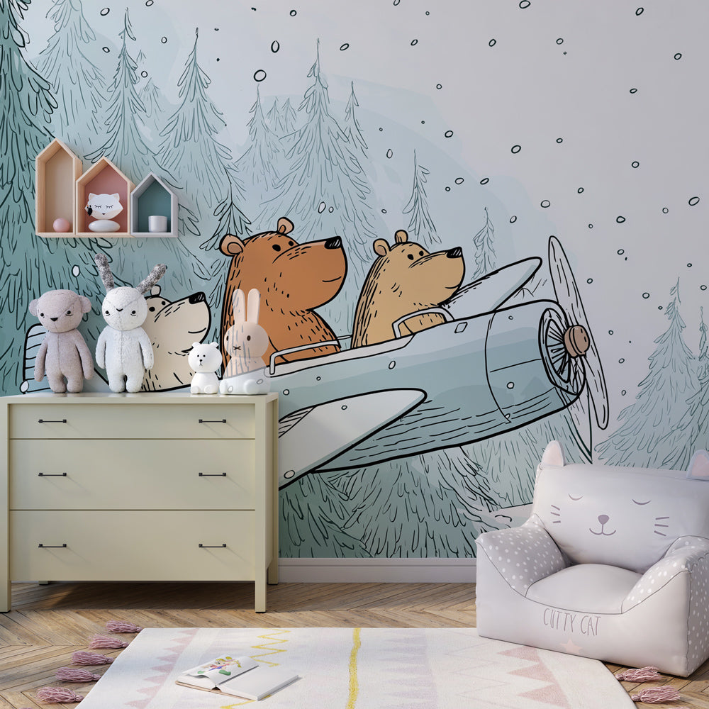 Kids-Mundo adventurous bear cub plane wall mural covering a child's bedroom wall