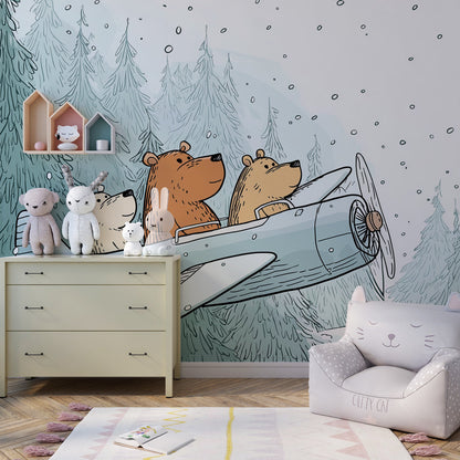 Kids-Mundo adventurous bear cub plane wall mural covering a child's bedroom wall