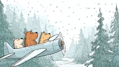 Kids-Mundo flat artwork of three bear cubs flying a plane through snowy pines illustration