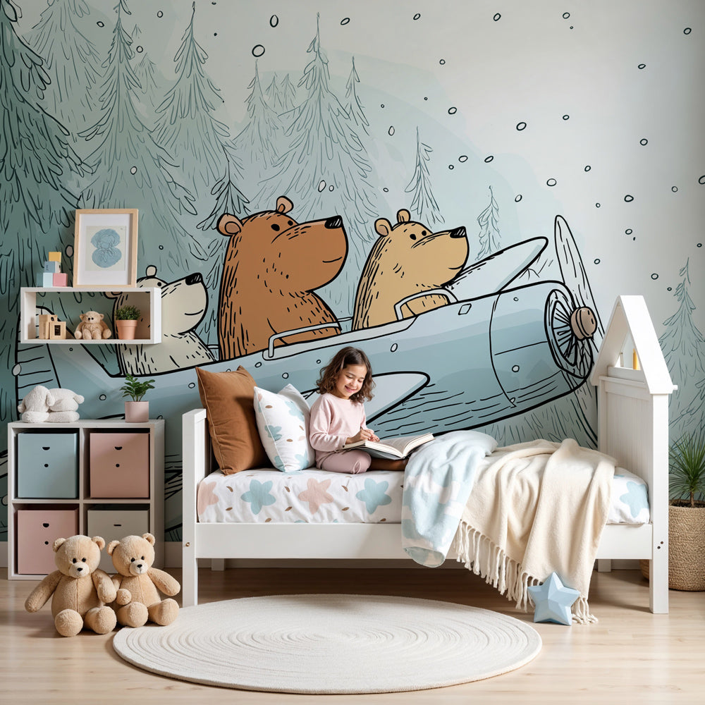Kids-Mundo bear cubs flying a plane wall mural styled in a soft blue nursery room