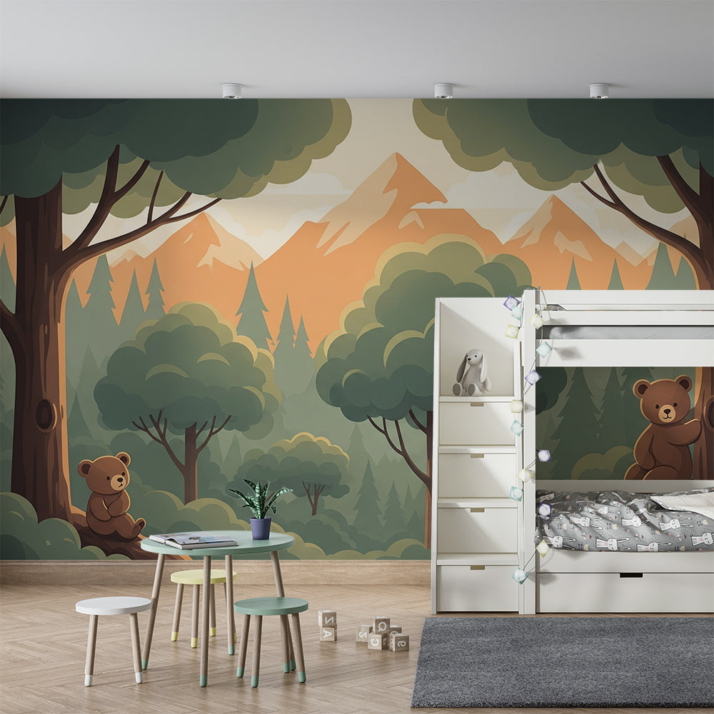 Kids-Mundo mountain forest wall mural with bear cubs fitted along a children's playroom wall