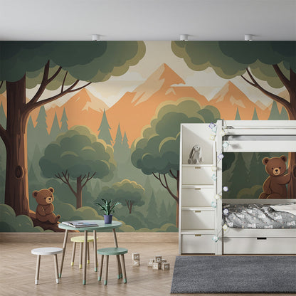 Kids-Mundo mountain forest wall mural with bear cubs fitted along a children's playroom wall
