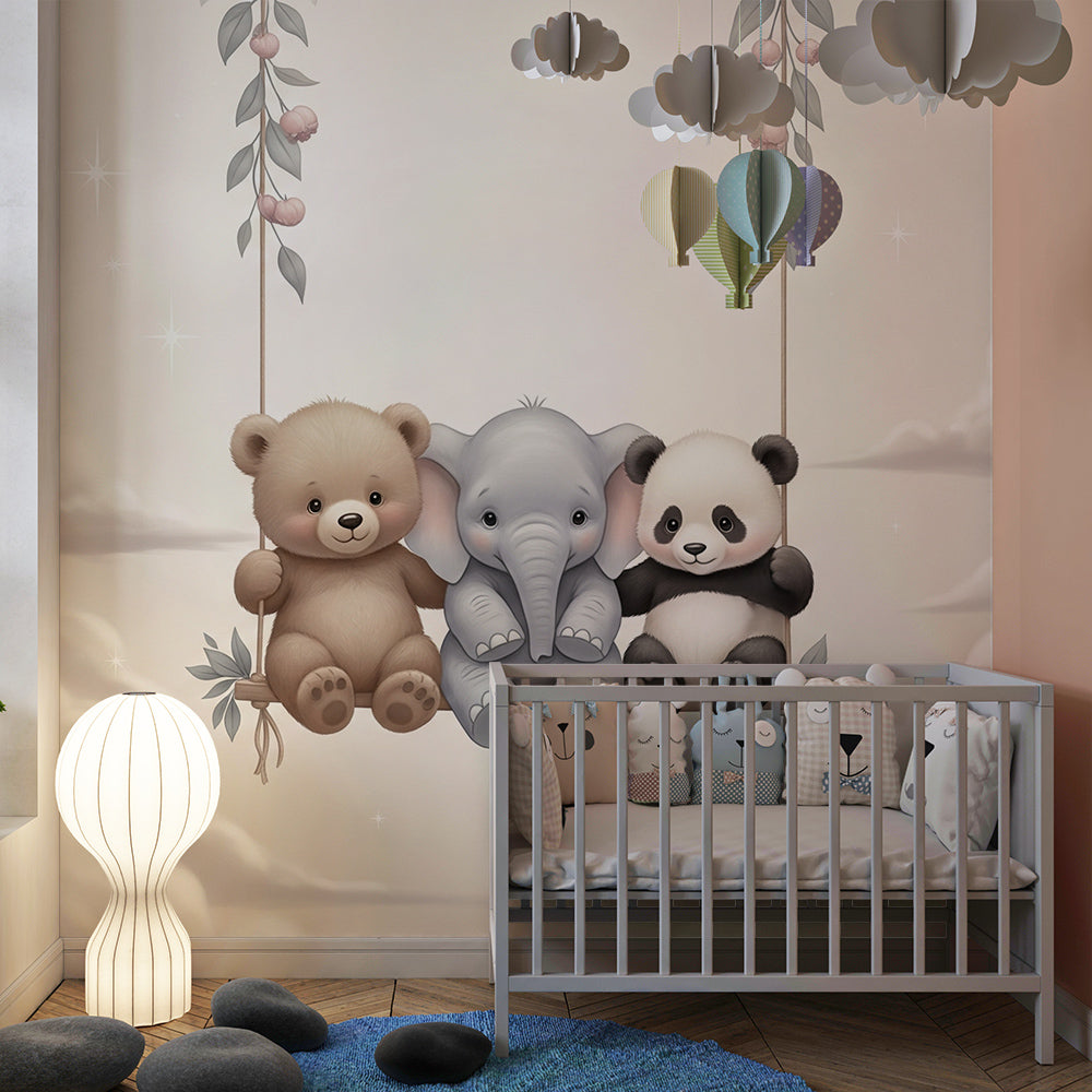 Kids-Mundo cloud swing animal wall mural styled in a cosy kids' bedroom