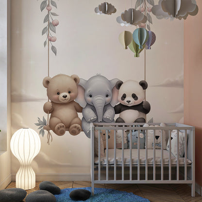 Kids-Mundo cloud swing animal wall mural styled in a cosy kids' bedroom