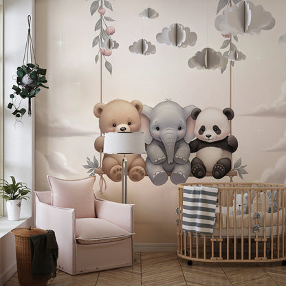Kids-Mundo bear, elephant and panda mural adding charm to a children's playroom