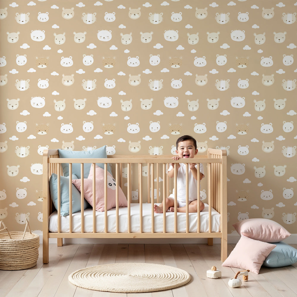Bear face mural wallpaper in cozy nursery setting with soft beige tones by Kids-Mundo