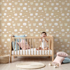 Bear face mural wallpaper in cozy nursery setting with soft beige tones by Kids-Mundo