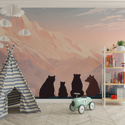 Kids-Mundo bear family mountain wall mural decorating a calm kids bedroom feature wall