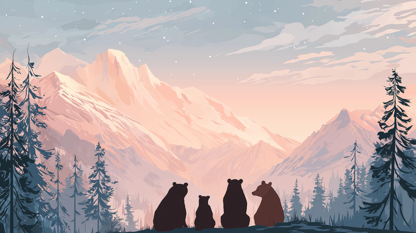 Kids-Mundo painterly artwork of a bear family watching a snowy mountain sunset mural design