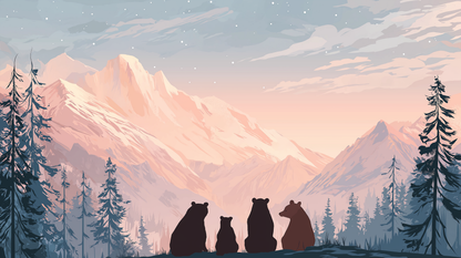 Kids-Mundo painterly artwork of a bear family watching a snowy mountain sunset mural design