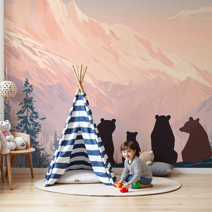 Kids-Mundo bear family sunset mural wallpaper styled in a soft pink and blue nursery