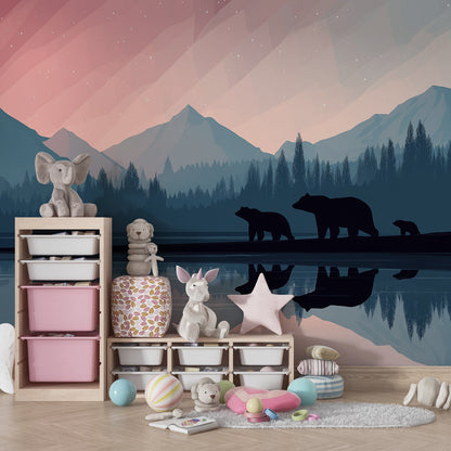 Kids-Mundo bear family twilight mountain wall mural as a feature wall behind the bed in a kids bedroom