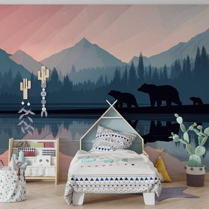 Kids-Mundo bear family twilight mountain wall mural brightening a colourful children's playroom corner