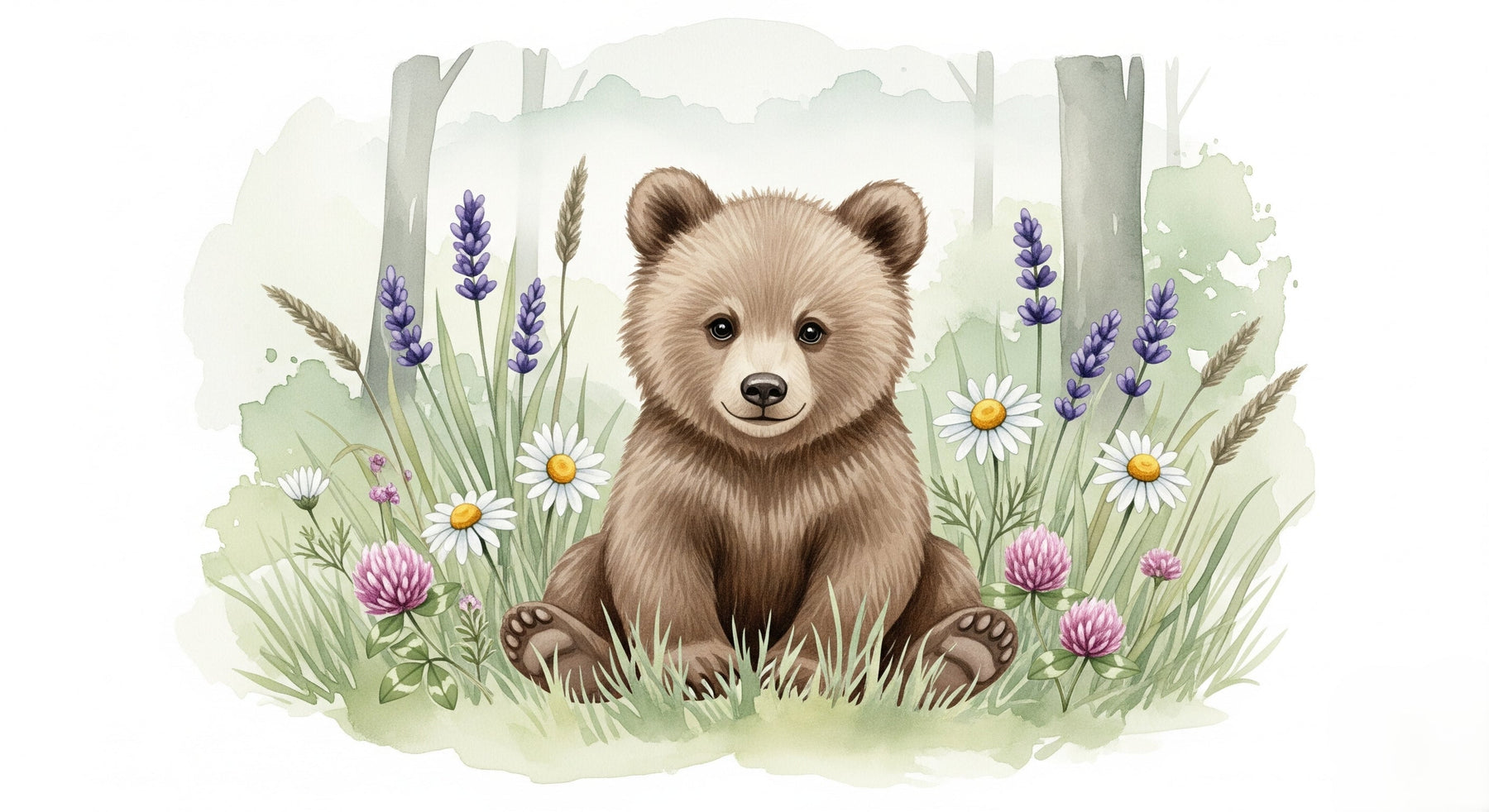 Detailed bear and wildflower mural wallpaper design pattern showing teddy among daisies by Kids-Mundo