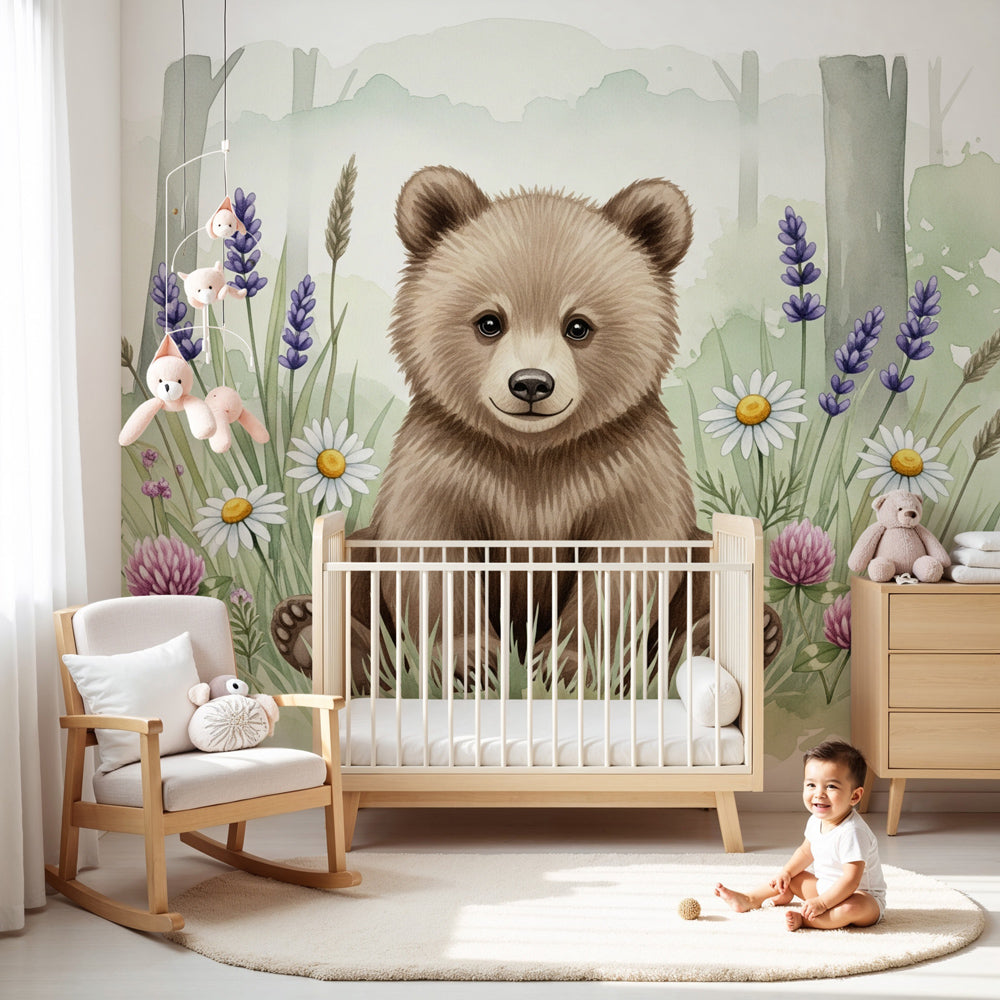 Bear floral mural wallpaper in peaceful nursery setting with natural wood furniture by Kids-Mundo