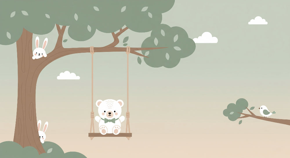 Detailed bear forest mural wallpaper design pattern showing cute woodland animals by Kids-Mundo